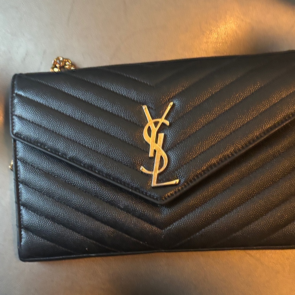 Yves Saint Laurent Black Chevron Clutch with Gold Logo